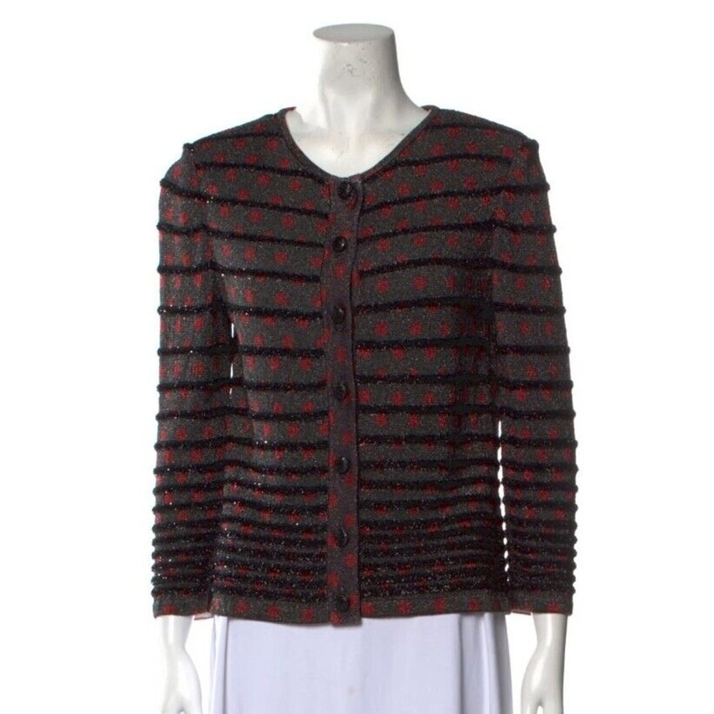 St John Knit Cardigan Holiday Red Black‎ Striped Metallic Polka Dot Medium